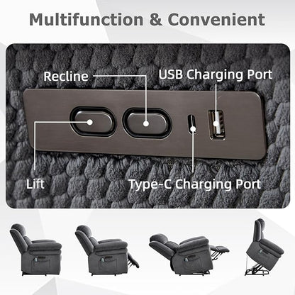 CANMOV 46" Wide Oversize Power Lift Recliner Chair, Extra Large Electric Lift Recliners for Elderly Big, Stand Up Recliner Chair with Massage and Heat, USB and Type-C Ports, Dark Grey