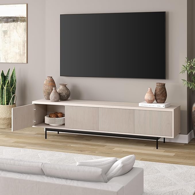 Henn&Hart Rectangular TV Stand for TV's up to 85" in Beech White, for Home, Living Room, Bedroom, Entertainment Room, Office