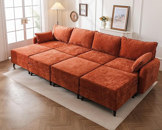 135'' Modular Sectional Sofa with All Seats Storage, Oversized Sleeper Sofa Bed for Living Room,4-Seater Comfy Cloud Couches with Movable Ottoman,Big Sectional for Bedroom,Velet,Orange