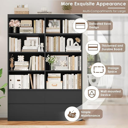 FINETONES 71" Black Bookshelf with Drawers, 47.3" Double Wide Bookshelves and Bookcases with Storage, Tall Bookshelf Large Open Book Shelf Standing Book Case for Home Office, Black