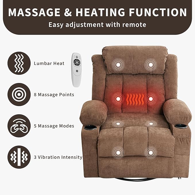 Rocking Recliner Chair with Heat and Massage, Nursery Recliner 360° Swivel Oversized Chairs for Adults, Lazy Boy Single Sofa Seat with 3 Positions, 2 Side Pockets, Cup Holders, and USB Ports, Brown