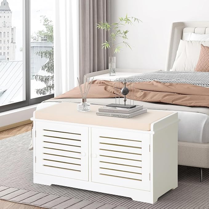MFSTUDIO Shoe Storage Bench, White Shoe Entryway Bench with Seating Padded Cushion, 2 Doors, Adjustable Shelf, Freestanding Shoe Rack Organizer for Entryway Hallway Living Room Bedroom, Beige Cushion