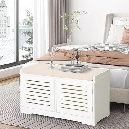 MFSTUDIO Shoe Storage Bench, White Shoe Entryway Bench with Seating Padded Cushion, 2 Doors, Adjustable Shelf, Freestanding Shoe Rack Organizer for Entryway Hallway Living Room Bedroom, Beige Cushion
