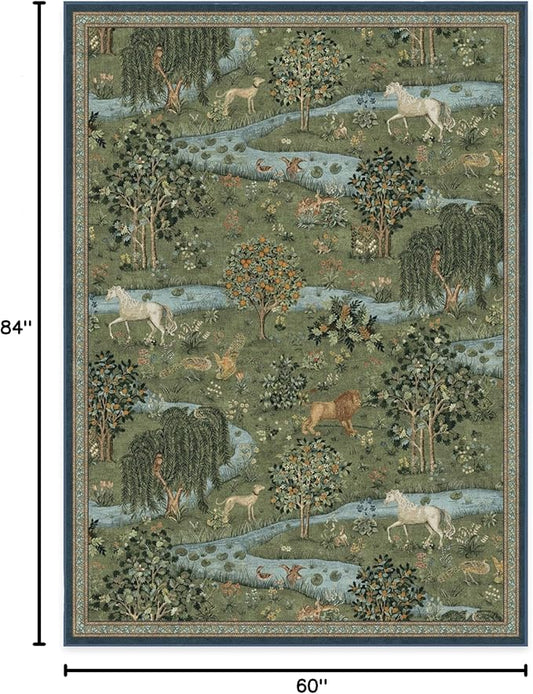 RUGGABLE x Morris & Co Washable Area Rug – Owl & Willow Green 5x7, Stain-Resistant, Non-Slip – Medium Machine Washable Rugs for Living Room, Bedroom, Hallway, Entryway & Office–with Standard Pad