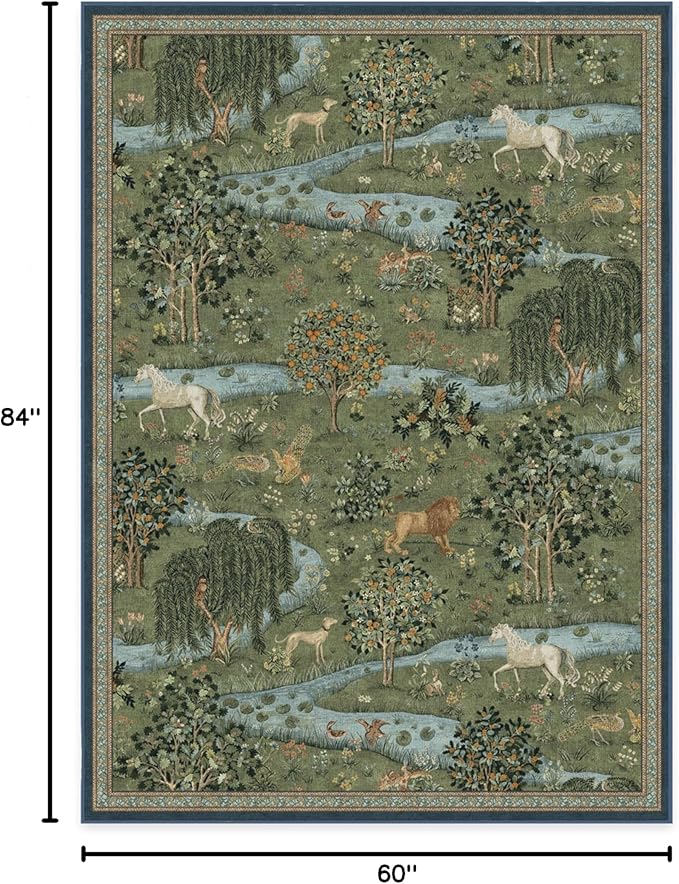 RUGGABLE x Morris & Co Washable Area Rug – Owl & Willow Green 5x7, Stain-Resistant, Non-Slip – Medium Machine Washable Rugs for Living Room, Bedroom, Hallway, Entryway & Office–with Cushioned Pad