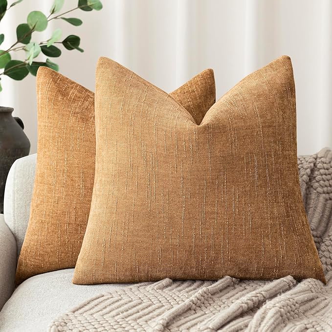 Foindtower Set of 2 Soft Textured Chenille Throw Decorative Pillow Covers Square Accent Solid Cushion Cover Neutral Farmhouse Pillow Case for Couch Sofa Bedroom Living Room 20x20 Inch,Golden Brown