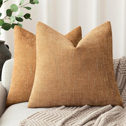 Foindtower Set of 2 Soft Textured Chenille Throw Decorative Pillow Covers Square Accent Solid Cushion Cover Neutral Farmhouse Pillow Case for Couch Sofa Bedroom Living Room 20x20 Inch,Golden Brown