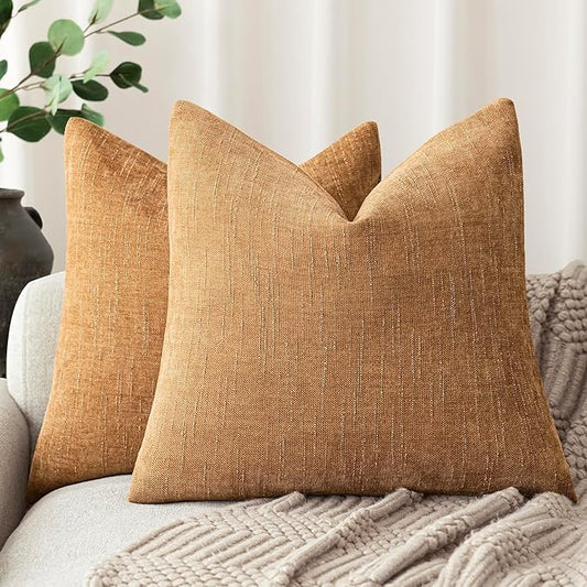 Foindtower Set of 2 Soft Textured Chenille Throw Decorative Pillow Covers Square Accent Solid Cushion Cover Neutral Farmhouse Pillow Case for Couch Sofa Bedroom Living Room 22x22 Inch,Golden Brown