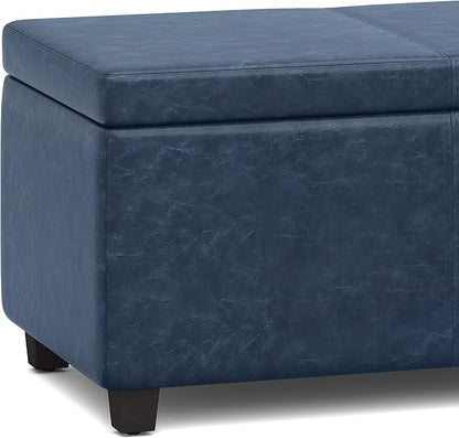 SIMPLIHOME Avalon Storage Ottoman Bench - 48 inch Wide Upholstered Vegan Leather Rectangular Lift-Top Ottoman in Denim Blue, Contemporary Storage Bench for Living Room with High-Density Foam