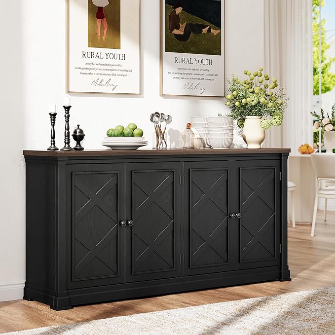 ONBRILL 63 Inches Buffet Cabinet with Storage, Large Sideboard Cabinet with 4 Barn Doors, Adjustable Shelves, Wood Coffee Bar Station for Kitchen, Living Room, Black