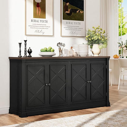 ONBRILL 63 Inches Buffet Cabinet with Storage, Large Sideboard Cabinet with 4 Barn Doors, Adjustable Shelves, Wood Coffee Bar Station for Kitchen, Living Room, Black