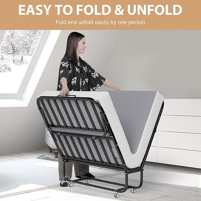 Folding Bed with Memory Foam Mattress, Portable Rollaway Guest Beds on Wheels, 75"x38" Twin Size Space-Saving Cot-Size Bed for Adults with Easy Assembly Metal Frame (Grey)