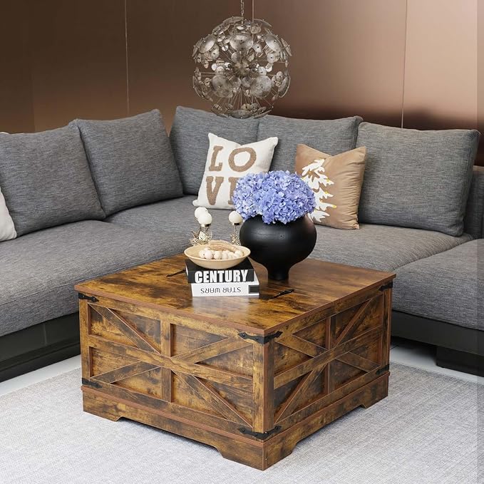 Farmhouse Coffee Table Set of 3, Lift Top Coffee Table with Sliding Barn Doors and Nightstands Set of 2 with Charging Station, Living Room Table Set for Home Office, Brown