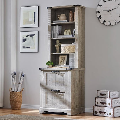 RedLemon Bookcase with 2 File Drawers, 72" Tall Farmhouse Bookshelf with Storage and Adjustable Shelves, 4 Tier Rustic Wood Bookshelf with Cabinet for Home Office, Living Room (Light Rustic Oak)