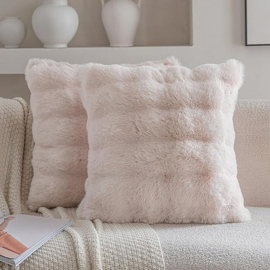 Neelvin Beige Faux Fur Cozy Soft Double-Sided Decorative Throw Pillow Covers 16x16 inch Set of 2,Velvet Pillowcase Cushion Case for Sofa Couch