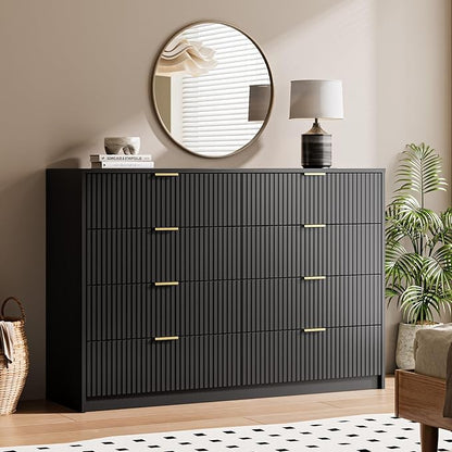 3-Piece Dresser Bedroom Set, 8 Drawer Dresser & 3 Drawer Nightstands with Gold Handles, Fluted Wood Chest of Drawers for Bedroom, Living Room, Entryway, Black