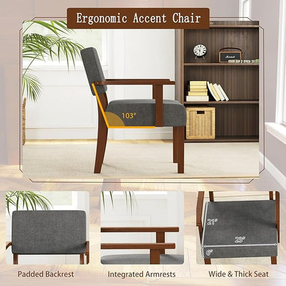 KOMFOTT Upholstered Accent Chairs Set of 2, Mid-Century Modern Armchair with Rubber Wood Frame, Linen Living Room Chairs with Padded Seat & Backrest, Reading Chair for Bedroom, Waiting Room, Grey