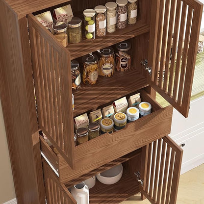 69" Tall Farmhouse Storage Cabinet with Drawer & Adjustable Shelves, Grille Door Organizer Unit, Anti-Tip Design for Bathroom, Kitchen, Living Room, Rustic Brown