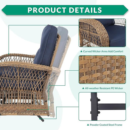 VIVIJASON 3-Piece Outdoor Patio Furniture Set, Outdoor Wicker Glider Rocking Chairs Rattan Conversation Bistro Sets w/ 2 Rattan Cushioned Chairs and Glass Top Side Table for Porch Backyard, Navy Blue