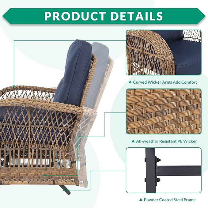 VIVIJASON 2-Piece Outdoor Wicker Glider Rocking Chair, Patio Rattan Swing Glider Chairs with Cushions & Steel Frame, All-Weather Gliding Lawn Wicker Furniture for Garden Backyard Porch, Navy Blue