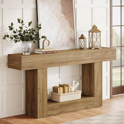 Tribesigns 63-Inch Long Console Table, 2-Tier Entryway Table Sofa Table with Storage, Farmhouse Wood Behind Couch Table for Living Room, Hallway, Light Brown