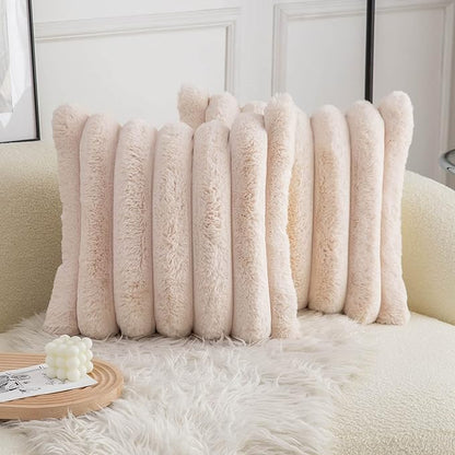 Neelvin Beige Faux Fur Cozy Soft Striped Decorative Throw Pillow Covers 26x26 inch Set of 2,Velvet Pillowcase Cushion Case for Sofa Couch