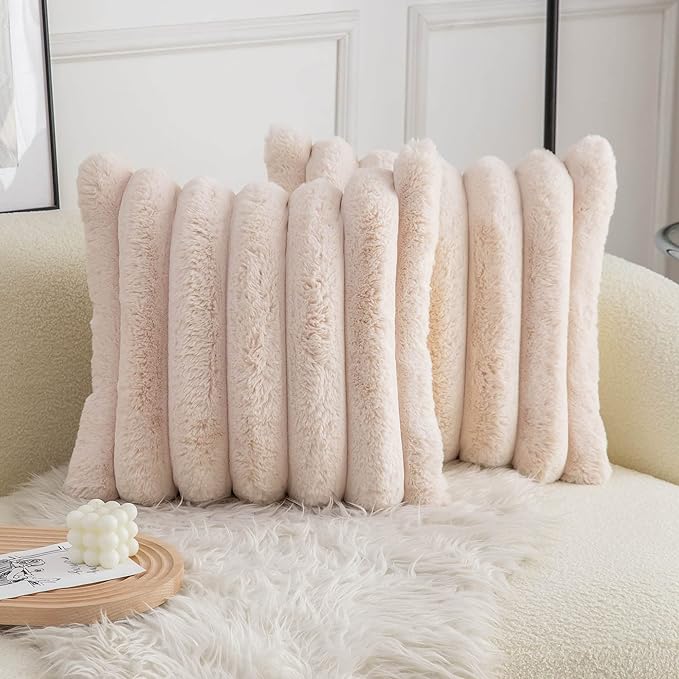 Neelvin Beige Faux Fur Cozy Soft Striped Decorative Throw Pillow Covers 24x24 inch Set of 2,Velvet Pillowcase Cushion Case for Sofa Couch