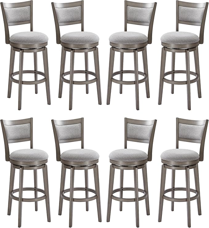 PrimeZone Swivel Bar Stools Set of 8, 30 Inch Bar Height Barstools, High Back Bar Stool with Solid Wood Legs & Wrap-Around Footrest, Counter Stools for Kitchen Island, Pub, Grey