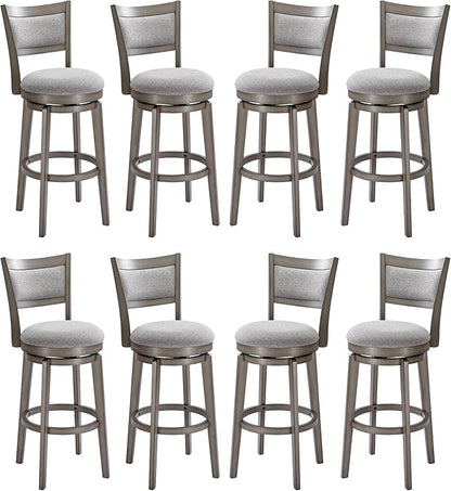 PrimeZone Swivel Bar Stools Set of 8, 30 Inch Bar Height Barstools, High Back Bar Stool with Solid Wood Legs & Wrap-Around Footrest, Counter Stools for Kitchen Island, Pub, Grey