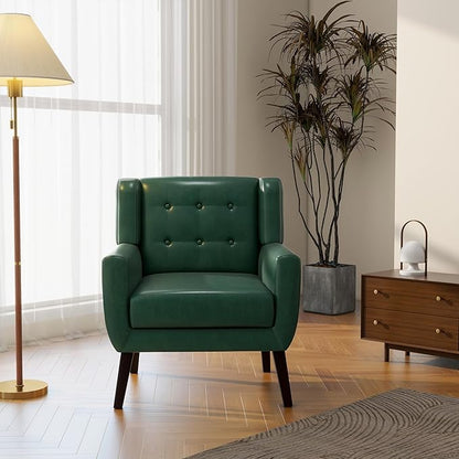 Accent Chair, Mid-Century Modern PU Leather Chairs with Arms for Living Room, Comfy Upholstered Club Single Sofa Armchair for Bedroom Waiting Room with Solid Wood Frame（Leather Green, Set of 2)