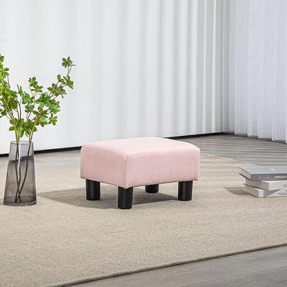 HOMCOM Ottoman Foot Rest, Small Foot Stool with Linen Fabric Upholstery and Plastic Legs, Cube Ottoman for Living Room, Pink