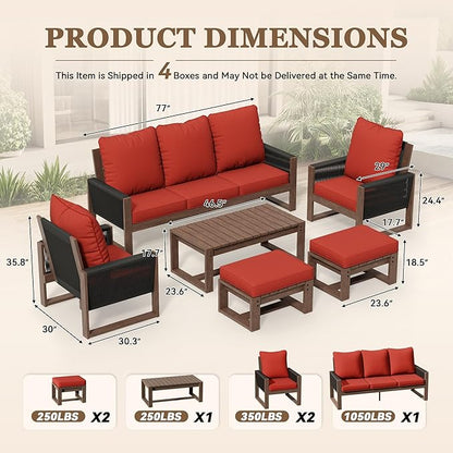 6 Piece Patio Furniture Set with 3-Seat Sofa, 2 Porch Armchairs, 2 Ottoman and 1 Coffee Table Wicker Outdoor Conversation Set for Garden, Terrace, Porch, Balconies, Lawns