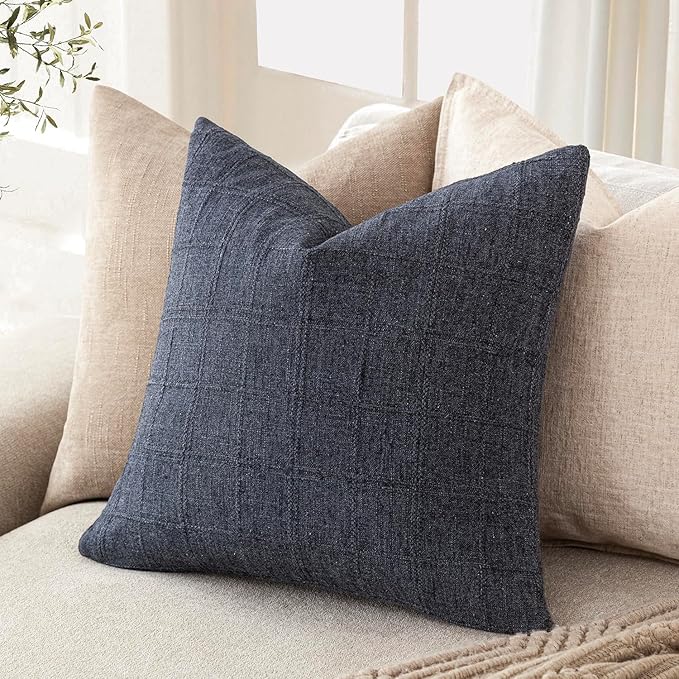 Foindtower Set of 2 Decorative Linen Check Throw Pillow Covers Neutral Farmhouse Vintage Cushion Covers Modern Boho Home Decor for Sofa Chair Couch Bedroom Living Room,24×24 Inch,Navy Blue