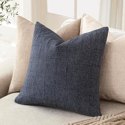 Foindtower Set of 2 Decorative Linen Check Throw Pillow Covers Neutral Farmhouse Vintage Cushion Covers Modern Boho Home Decor for Sofa Chair Couch Bedroom Living Room,18×18 Inch,Navy Blue
