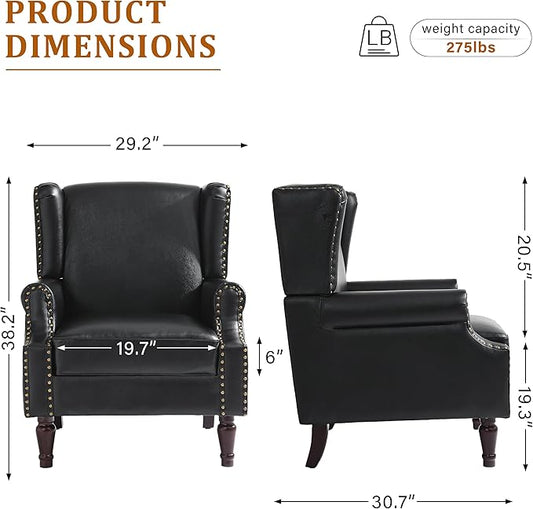 Faux Leather Wingback Accent Chair, High Back Upholstered Armchair, Comfy Fabric Wingback Arms Chairs with Solid Wood Legs, Single Sofa Reading Chair for Bedroom Living Room, Black