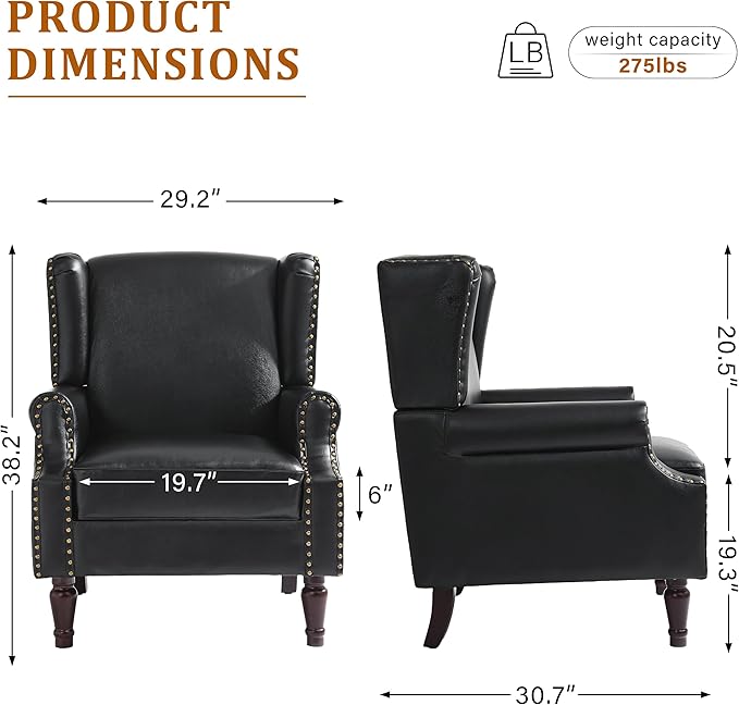 Faux Leather Wingback Accent Chairs Set of 2, High Back Upholstered Armchair, Comfy Fabric Wingback Arms Chairs with Solid Wood Legs, Single Sofa Reading Chair for Bedroom Living Room, Black