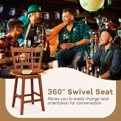 COSTWAY Swivel Bar Stools Set of 2, 24.5 Inch Counter Height Bar Chairs w/Hollow Backrest & Contoured Seat, Wooden Barstools w/Footrest for Kitchen Island, Pub, Bistro, Cafe (2, Walnut)