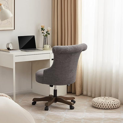 Home Office Chair Adjustable Height Swivel Chair with Wheels Linen Fabric Upholstered Computer Desk Chair with Wooden Legs Comfortable Armless Chair for Home Office Study Studio(Grey)