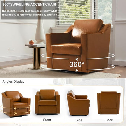 UIXE Faux Leather Swivel Accent Chair, Upholstered Arm Chair for Living Room, Modern Club Armchair Comfy Single Sofa Bedroom Reading Seat with Lumbar Pillow - Cognac Brown