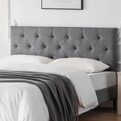 Linen Upholstered Headboard Full Size, Modern Diamond Tufting Solid Wood Full XL Headboard Only, Adjustable Height from 37” to 51” Head Board, Bed Frame or Wall Mount Headboards, Light Grey