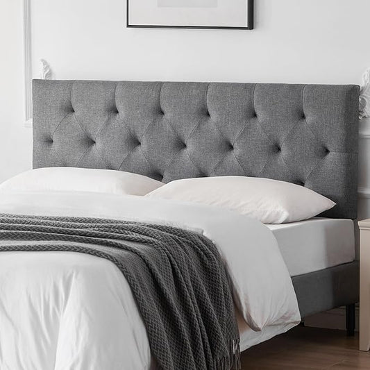 Linen Upholstered Headboard Full Size, Modern Diamond Tufting Solid Wood Full XL Headboard Only, Adjustable Height from 37” to 51” Head Board, Bed Frame or Wall Mount Headboards, Light Grey