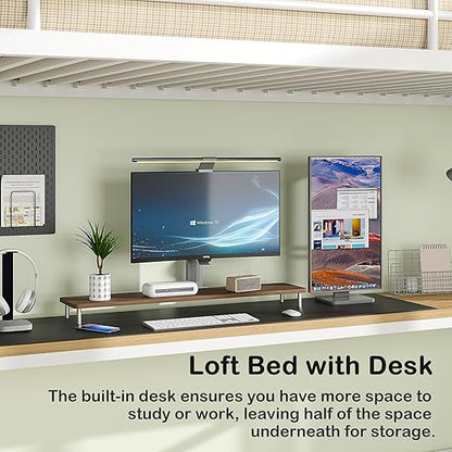 VECELO Metal Loft Bed Twin Size with Desk, Heavy Duty Bedframe with Removable Ladder and Safety Guardrail, Space-Saving, Noise Free, No Box Spring Needed, Off White