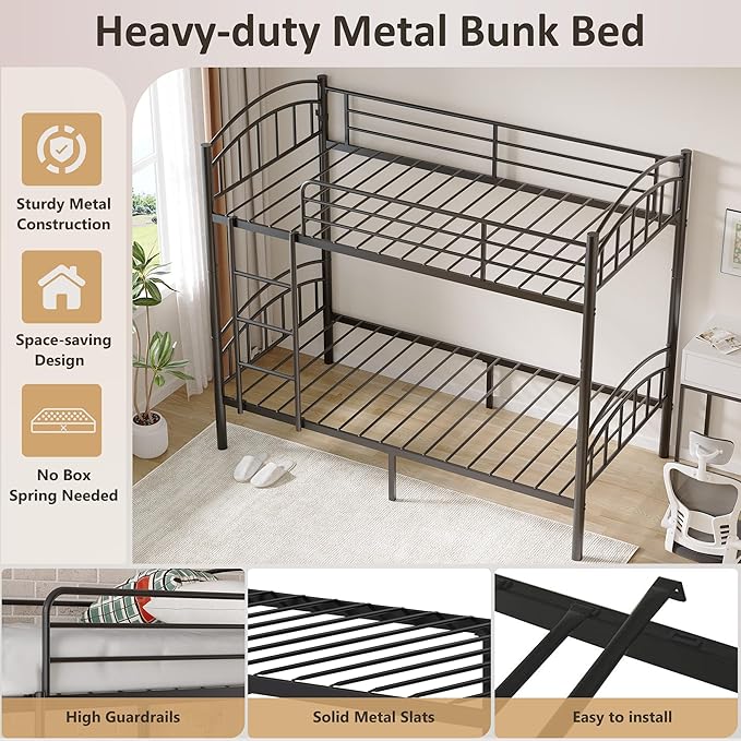 Alohappy Bunk Beds Frame Twin Over Twin, Convertible Into 2 Individual Metal, Removable Ladder & Safety Guard Rail (Black)