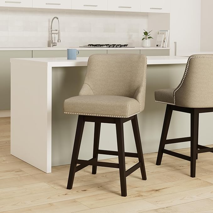 CHITA Counter Height Swivel Bar Stools, FSC Certified Upholstered Counter Stools, Modern Swivel Barstools with Wood Legs for Kitchen Island, 26" Seat Height, Fabric in Tan
