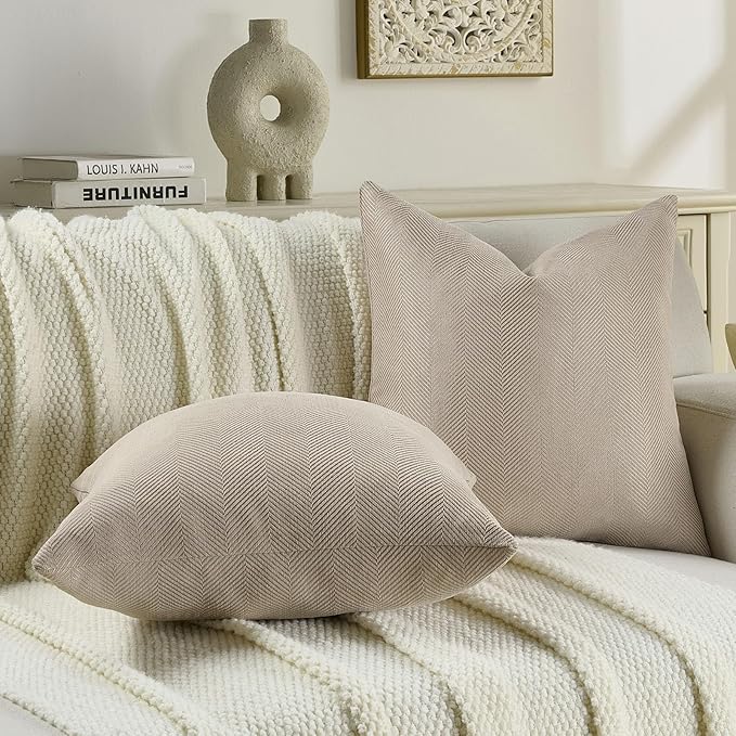 FUTEI Oatmeal Chenille Throw Pillow Covers 18x18 Inch Set of 2,Soft Wide Chevron Textured Cushion Case,Farmhouse Home Decor for Couch Bed Living Room