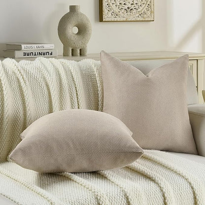 FUTEI Oatmeal Chenille Throw Pillow Covers 18x18 Inch Set of 2,Soft Wide Chevron Textured Cushion Case,Farmhouse Home Decor for Couch Bed Living Room