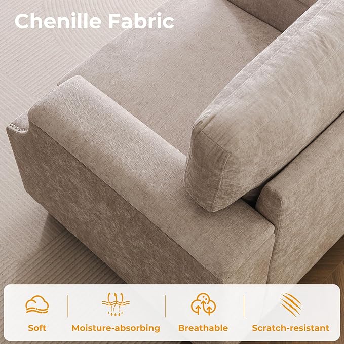 85'' L Shaped Couch with Armrest Organizer,3 Seats Sofas with Storage Ottoman,Comfy Sectional Sofa with Thick Cushion,Chenille Sectional Couches for Living Room,Bedroom,Apartment,Khaki