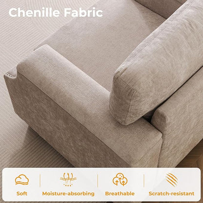 85'' L Shaped Couch with Armrest Organizer,3 Seats Sofas with Storage Ottoman,Comfy Sectional Sofa with Thick Cushion,Chenille Sectional Couches for Living Room,Bedroom,Apartment,Khaki