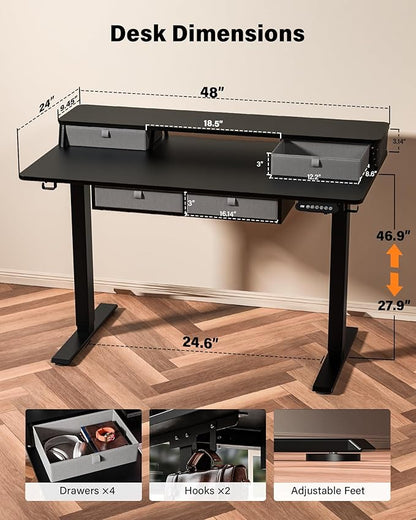 FiCiHi Adjustable Height Standing Desk with 4 Drawers,48 x 24 inches Electric Sit Stand Home Office Desk with Two Tiers, 3 Memory Presets, Monitor Stand Riser