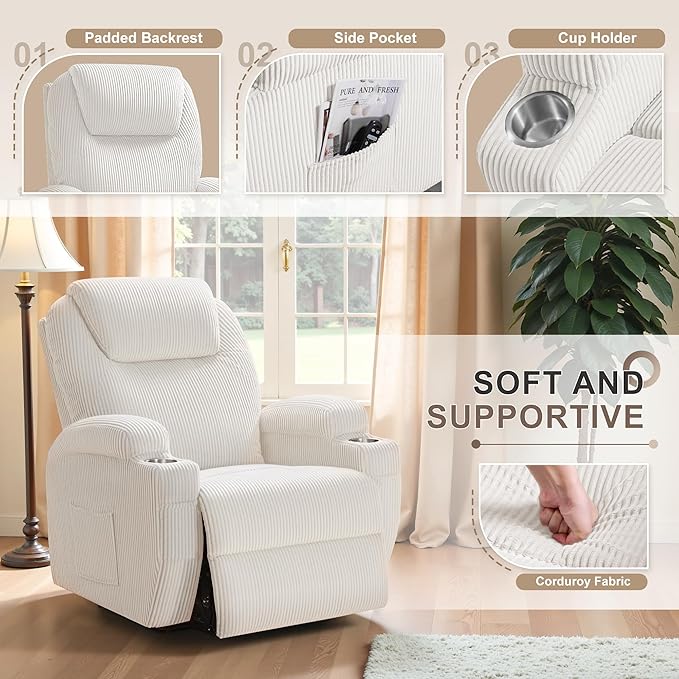 Flamaker Power Lift Recliner Chair Electric Lift Recliner for Elderly Power Lift Recliner Chair with Cup Holders Side Pockets for Living Room (Corduroy, Beige)